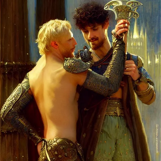 Image similar to arthur pendragon in love with male merlin the mage. they are in love. highly detailed painting by gaston bussiere, craig mullins, j. c. leyendecker