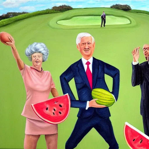 Image similar to A hyper realistic painting of old times politicians with wigs, playing American football with a watermelon on a golf course. Award winning, 4K