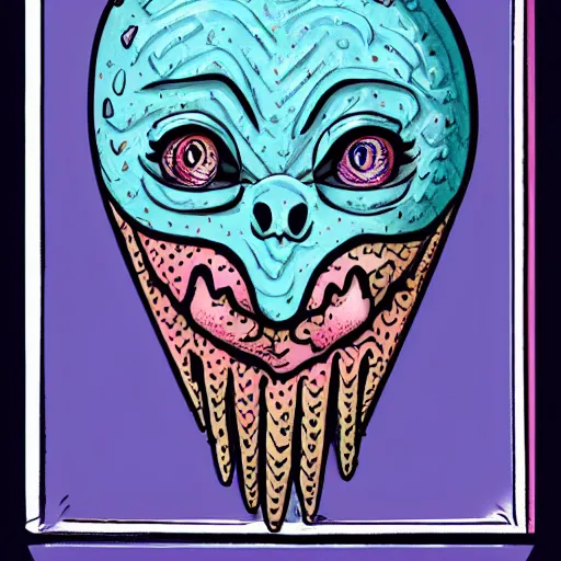 Image similar to crying cute eyes mouth pink ice cream, blue waffle cone, jester themed, intricate concept art, thick line drawing, 1 9 8 3 horror painted book cover art