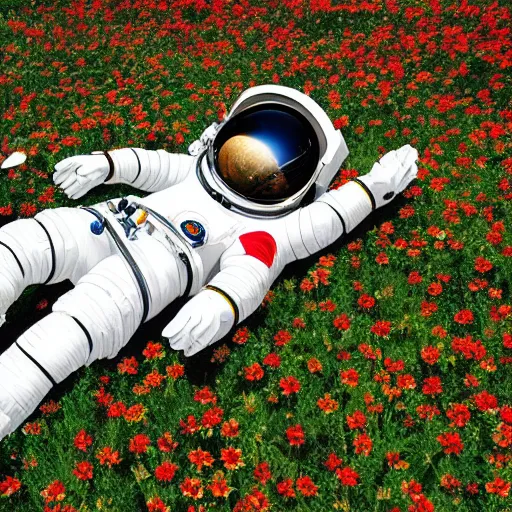 Image similar to an astronaut lying in field of flowers.