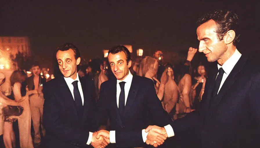 Image similar to 70s movie still of Nicolas Sarkozy and Emmanuel Macron shaking hands , cinestill 800t 18mm heavy grain, cinematic, dramatic dark lighning, brooklyn at night neon boards