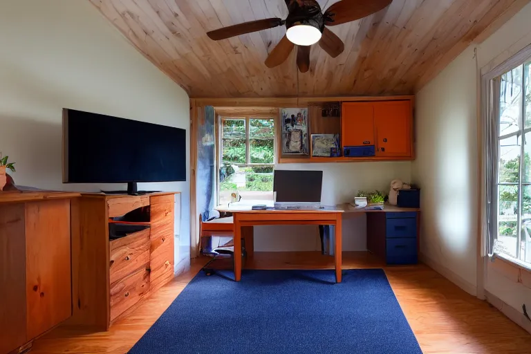 Prompt: a 10 by 11 foot room with a bed, desk, two wooden wardrobes, a little side table in a light wood veneer, a window, desk fan, table light, and an old TV, navy blue low pile carpet, and a ceiling fan gives off a dim orange light