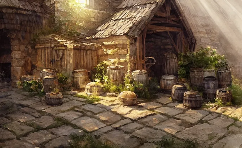 Image similar to watercolor painting of rustic ruin cellar, wooden crates, barrels, stone walls, lantern, very beautiful ambient lighting, sun rays, dust, art by anders zorn, wonderful masterpiece by greg rutkowski, cinematic light, american romanticism by greg manchess, creation by tyler edlin