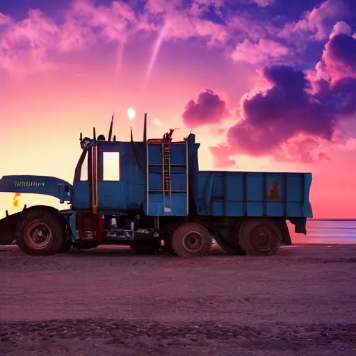 Image similar to a mining dump truck chilling on the beach, sunset, vaporwave