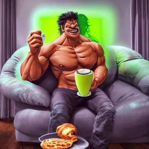 Prompt: A high definition and realistic photo of a smiling incredible hulk drinking a cup of coffee and eating pizza and croissant on a couch in his living room, hyperdetailed, artstation, digital art, photorealism, accurate, 8k,