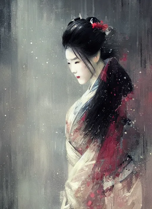 Image similar to female geisha girl, beautiful face, rule of thirds, intricate outfit, spotlight, by greg rutkowski, by jeremy mann, digital painting