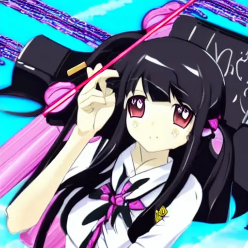 Prompt: a manga glock 1 9 commercial featuring homura from madoka magic girl anime