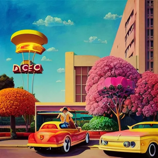 Image similar to a painting of an art deco mcdonald's surrounded by flowers, a watercolor and matte painting by beeple and rhads and mark keathley, wes anderson, cgsociety, artdeco, utopian art, retrofuturism, sci - fi, artstation hq