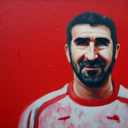 Image similar to a painting of Eric Cantona, in front of a red wall, dripping.