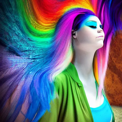 Prompt: hyperealistic woman with rainbow hair by waterfall n-4