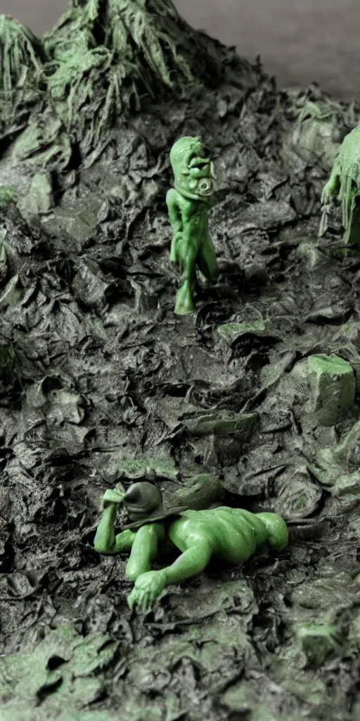 Prompt: bootleg figure of a plastic green acid hedorah diorama drowning in the mud water, secondhand, rain stormcloud, mcfarlane, cursed photography, middle shot