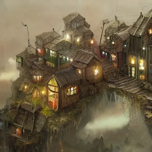 Image similar to a tiny miniscule town living on the thread of a spiders web, fantasy concept art, trending on art station, stunning visuals, creative, cinematic, ultra detailed