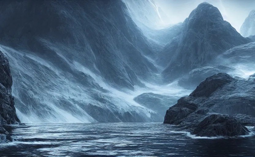 Prompt: Norwegian fjord, hyperrealistic mixed media, stunning 3d render inspired art by P. Craig Russell and Barry Windsor-Smith + dim volumetric lighting, 8k octane beautifully detailed render, post-processing, extremely hyperdetailed, epic composition, grim yet sparkling atmosphere, cinematic lighting + masterpiece, trending on artstation