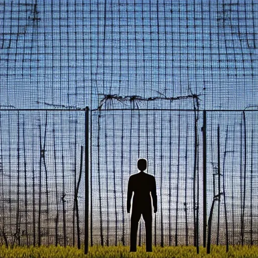 Image similar to a man standing in front of a fence with barbed wire, minimalism, dystopian art, retrofuturism