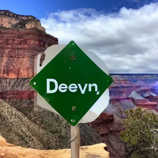 Prompt: a green sign that says'very deep learning'and is at the edge of the grand canyon. puffy white clouds are in the sky.