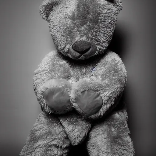 Image similar to the face of kanye west wearing full teddy bear costume at 4 3 years old, portrait by julia cameron, chiaroscuro lighting, shallow depth of field, 8 0 mm, f 1. 8