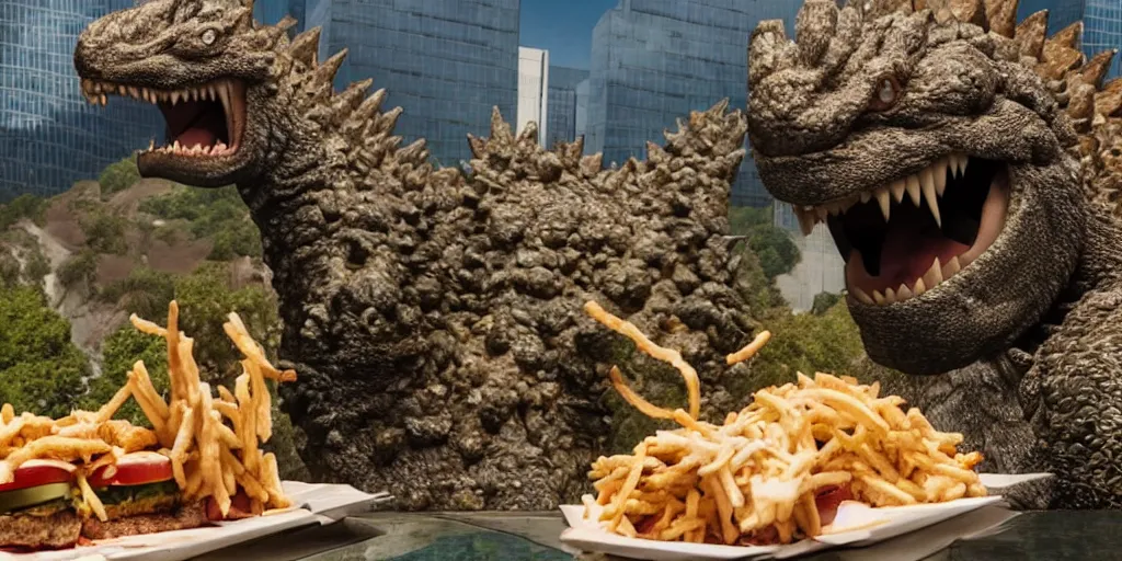 Image similar to photo of godzilla eating a giant pile of cheeseburgers with glee, funny, weird