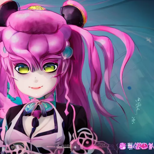 Image similar to stunningly beautiful omnipotent megalomaniacal anime asi goddess who looks like junko enoshima with symmetrical perfect face and porcelain skin, pink twintail hair and cyan eyes, trapped inside her surreal vr castle where she owns you completely with a haughty smile!!!, hyperdetailed, digital art from danganronpa, unreal engine 5, 8 k