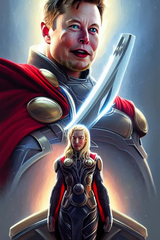 Image similar to elon musk as thor, realistic portrait, symmetrical, highly detailed, digital painting, artstation, concept art, smooth, sharp focus, illustration, cinematic lighting, art by artgerm and greg rutkowski and alphonse mucha