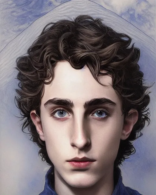 Image similar to beautiful paul atreides timothee chalamet with a three day beard, emperor of the known universe, completely blue eyes, perfect dramatic and dark portrait insanely detailed, concept art, deep focus, intricate, highly detailed, digital painting, artstation, matte, sharp focus, illustration, art by greg rutkowski and alphonse mucha, low angle, dominant eye