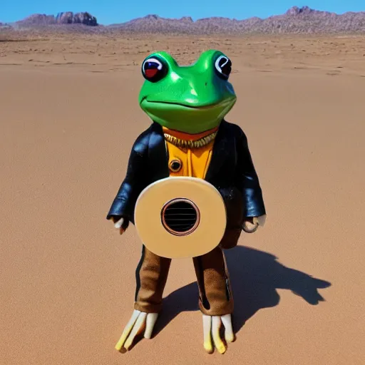 Image similar to an frog wearing cowboy outfit and holding an mini guitar in a desert