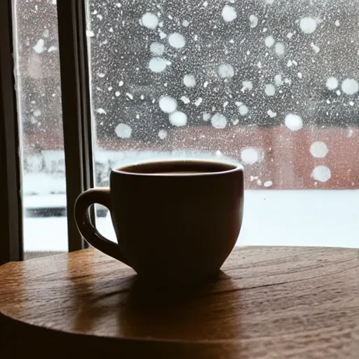 Prompt: warm cup of coffee on a table in a library with dim lighting in front of a window and outside snow is falling