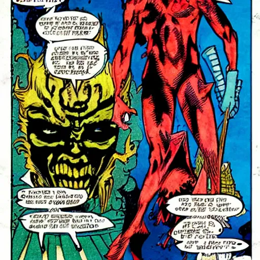 Prompt: sandman from DC comics, standing in hell facing lucifer, in the style of Jack kirby