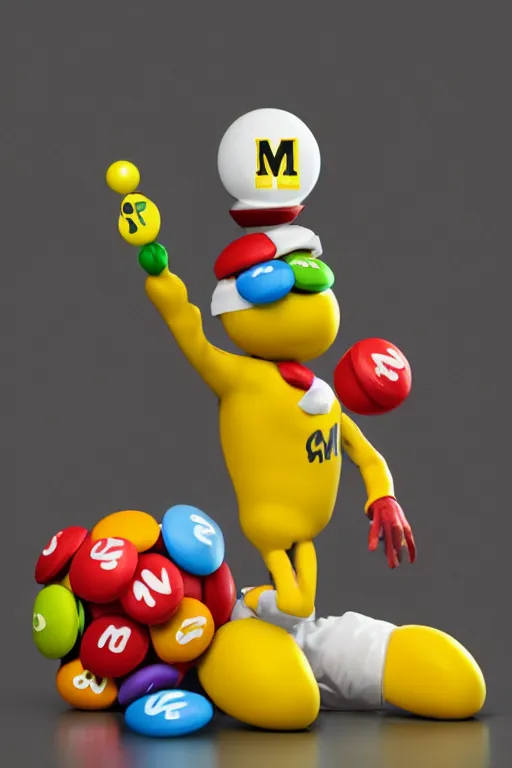 Prompt: a single yellow m & m candy with white arms and legs holding a microphone, a yellow sphere wearing a white baseball cap, eminem as a m & m candy, m & m candy dispenser, unreal engine, unreal engine, volumetric lighting, professional food photography