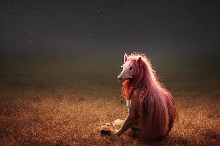 Prompt: Pinkie Pie equine sitting down viewed from behind, gazing off into the horizon, professional animal photography and mood lighting, flowing mane and tail, relaxed expression, subtle fog, fireflies 4k