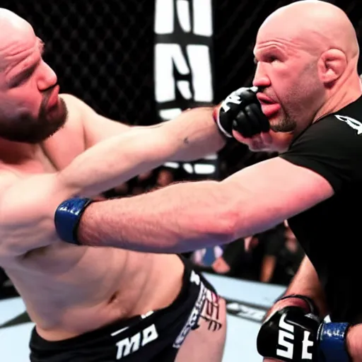 Prompt: dana white fighting khabib in the octagon, ultra realistic, 4k, wide angle