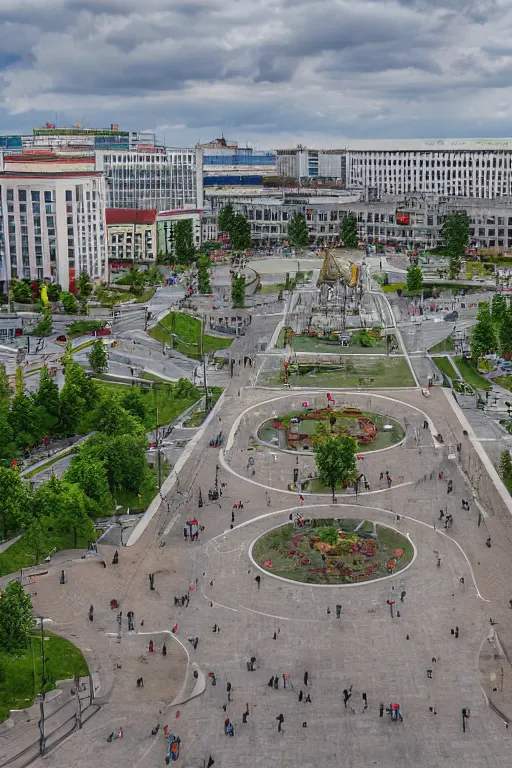 Image similar to Yakub Kolas Square in the city of Minsk, Belarus, view of the 4th Big Hall and the underground descent into the metro from two sides, summer, cloudy, beautiful, photorealistic, perfect, photo kodak 35mm colored, 8K, high quality, 8k resolution, 4K, detailed, high details, Super-high quality, hyperdetailed, Hyperrealistic