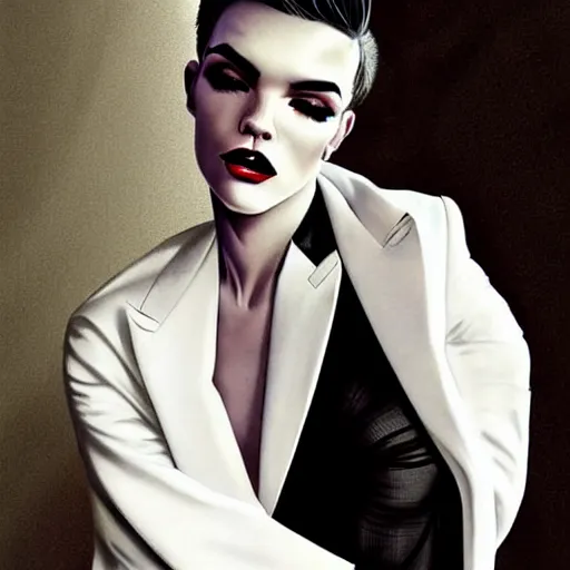 Image similar to stunning portrait of androgynous ruby rose as desire from sandman in a white tuxedo!!!, rockabilly style, by frank moth, by alphonse mucha, by jeremy mann, by peter lindbergh, dave mckean, white suit and black tie, soft lightning, high detailed, 8 k