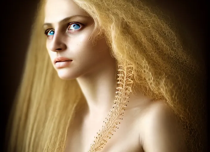 Image similar to portrait photography of a beautiful woman how Annigoni beauty type in style of David LaChapelle, britt marling style 3/4 , natural color skin, realistic detailed eyes, long blond hair are intricate with intricate ornamental hairstyle, a beautiful ethereal transparent dress, 8K, soft focus, melanchonic soft light, volumetric lighting, highly detailed Realistic, Refined, Highly Detailed, natural sunset outdoor soft pastel lighting colors scheme, soft blur outdoor lighting, fine art fashion photography