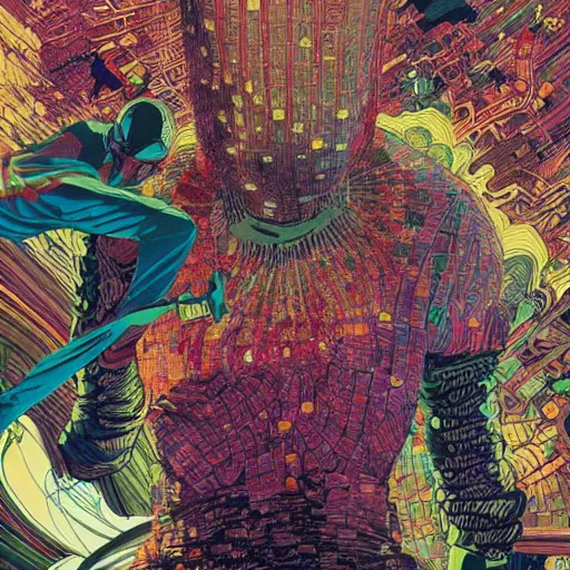 Image similar to invincible man show hyperviolent detailed maximalist hyperrealism psychedelic by victo ngai and moebius