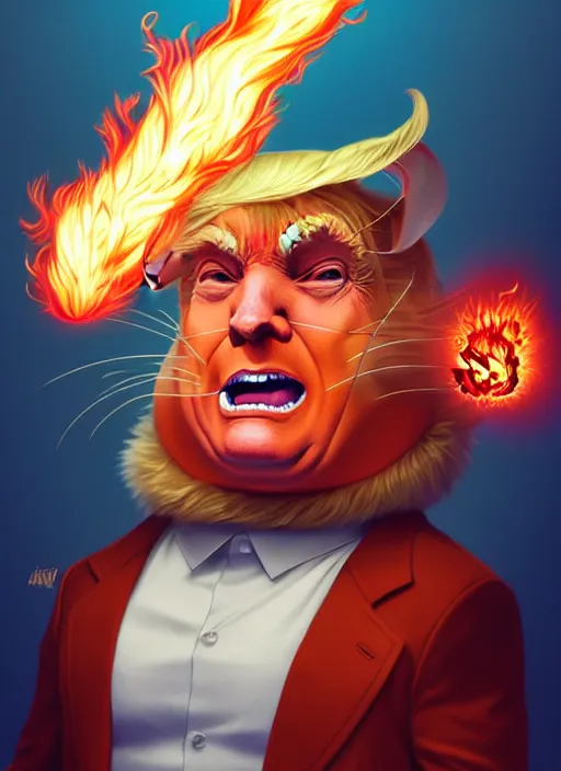 Image similar to donald trump bald and smiling, style artgerm, joshua middleton, illustration, anthropomorphic hamster steampunk half - cyborg, red fur, swirling fire flames cosmos, fantasy, dnd, cinematic lighting