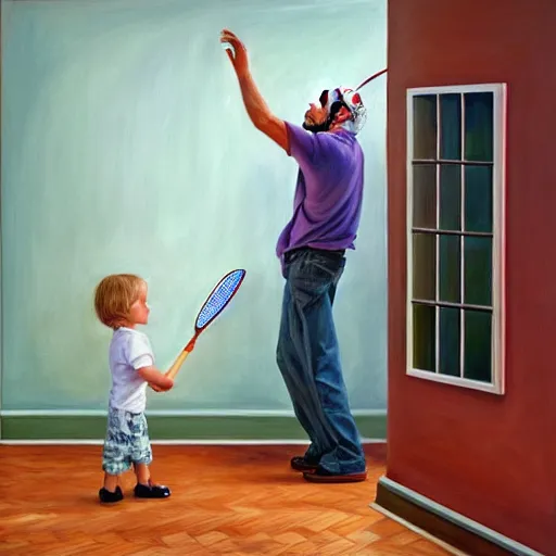 Image similar to hyperrealism painting from the housefly perspective getting swatted at from a man with a fly swatter in the kitchen