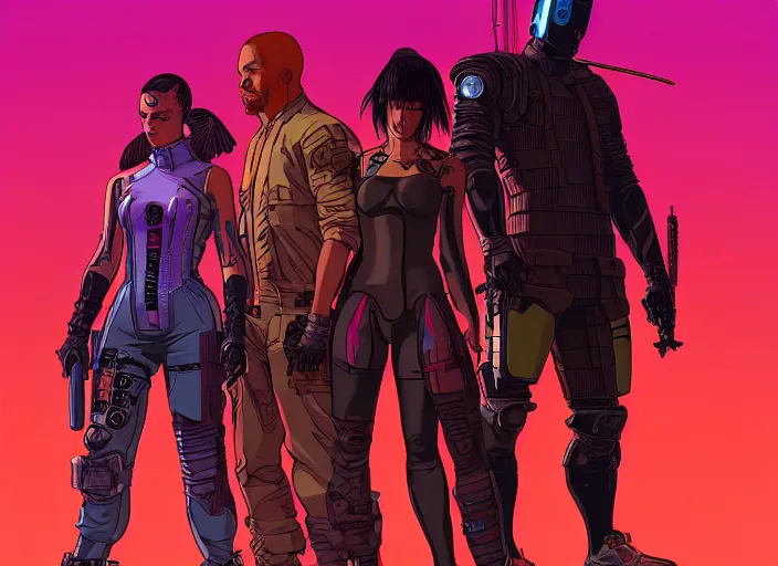 Image similar to cyberpunk samurai team. portrait by stonehouse and mœbius and will eisner and gil elvgren and pixar. character design. realistic proportions. cyberpunk 2 0 7 7 character art, blade runner 2 0 4 9 concept art. cel shading. attractive face. thick lines. the team. diverse characters. artstationhq.