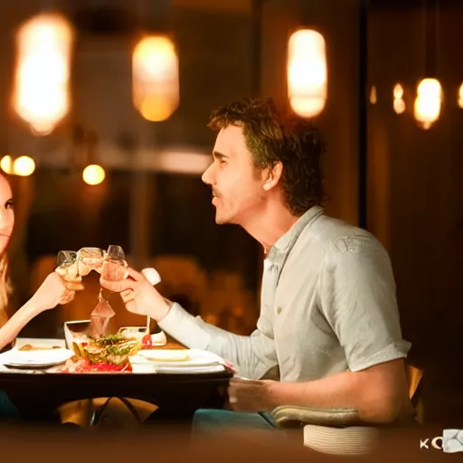 Image similar to wife and husband having terrible dinner at restaurant, 8K, photorealistic, Cinematic lights