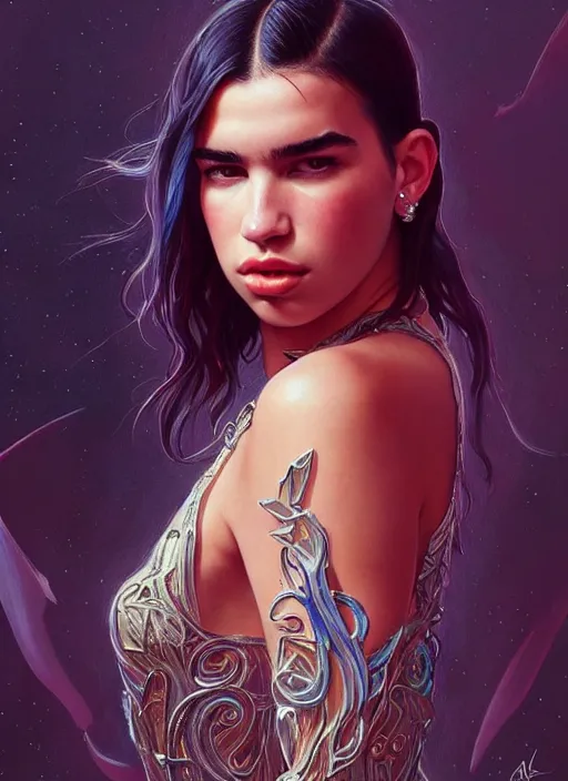 Prompt: dua lipa, wearing a semi transparent dress, deep focus, d & d, fantasy, intricate, elegant, highly detailed, digital painting, artstation, concept art, matte, sharp focus, illustration, hearthstone, art by artgerm and greg rutkowski and alphonse mucha