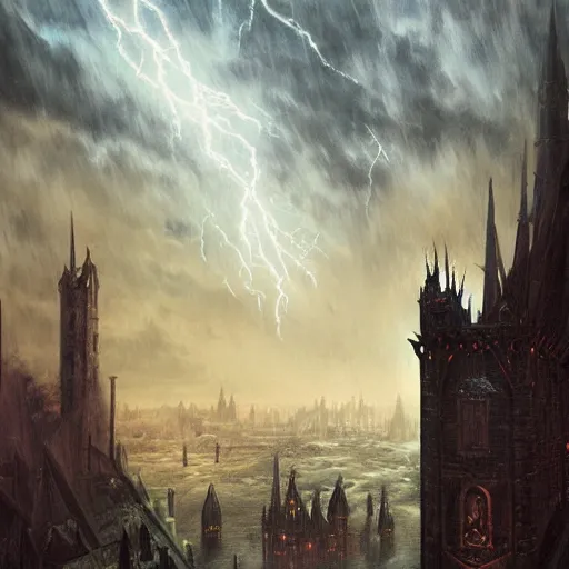 Prompt: an ultra detailed tarot card of a lonely and impossibly tall ominous gothic dark citadel tower of the evil patriarch, in the style of magic the gathering, in a river elevated high above the city, gaslight fantasy capital city, ultrawide lense, aerial photography, scary thunderstorm, exquisite detail, 8 k, art by greg rutkowski and alphonse mucha