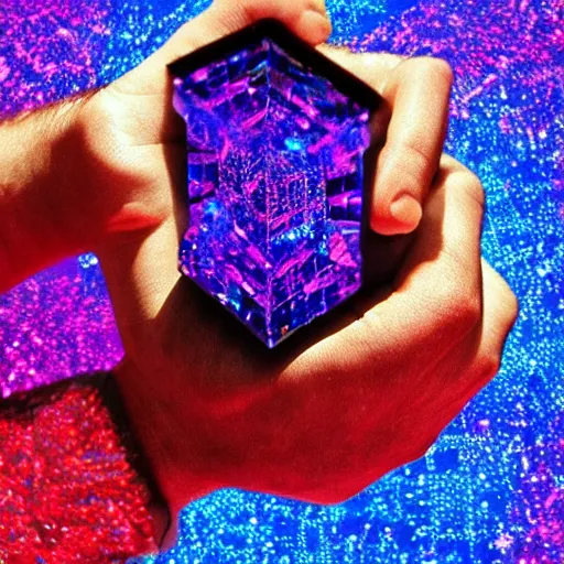 Image similar to a person holding a colorful object in their hand, a hologram!! ( ( ( by jeka kemp ) ) ), polycount, crystal cubism!!!, made of crystals!!!, irridescent, holographic