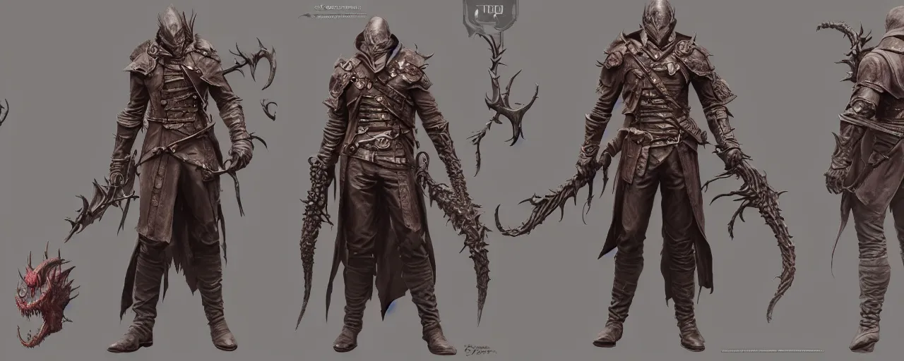 Prompt: character design, reference sheet, bloodborne 2 boss, concept art, photorealistic, hyperdetailed, 3 d rendering!, art by leyendecker! and frazetta