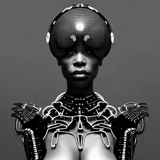 Image similar to portrait of an absurdly beautiful, graceful, sophisticated, fashionable black cyberpunk mechanoid gravure idol, hyperdetailed illustration by irakli nadar, maria borges, matt wisniewski style, intricate linework, dark black skin, neon jellyfish headdress, ivory carved ruff, unreal engine 5 highly rendered, global illumination, radiant light, detailed and intricate environment