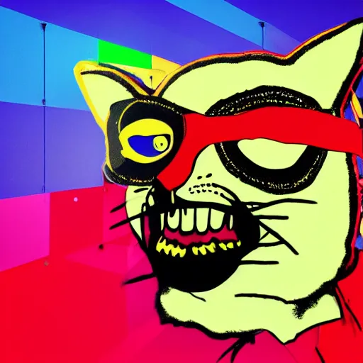 Prompt: extreme wide shot of a pirate cat, wearing an eye patch, pop surrealism, pop art, digital art. by Andy Warhol, wide shot, 4K, trending on artstation