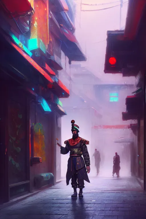 Prompt: a turkish janissary standing on a cyberpunk street, full body, extremely detailed digital painting, in the style of fenghua zhong and ruan jia and jeremy lipking and peter mohrbacher, mystical colors, rim light, beautiful lighting, 8 k, stunning scene, raytracing, octane, trending on artstation