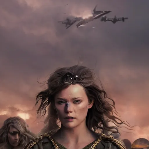 Image similar to the goddesses fraya going to war with her army of valkyries, golden hour, 8 k uhd, high detail, awe - inspiring.