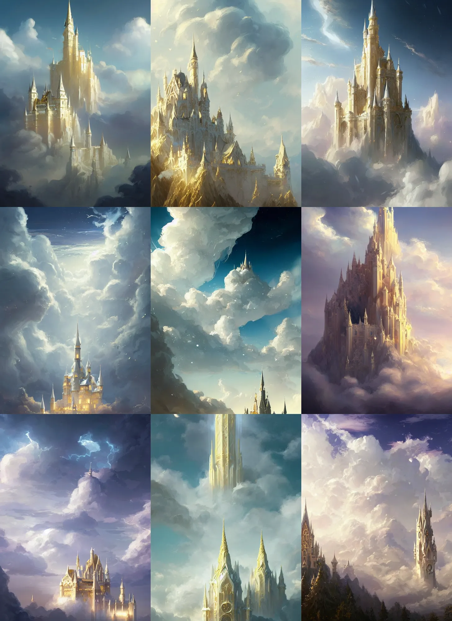 Prompt: illustration of soft castle in the sky white with gold, majestic spires, clouds swirling, detailed, sky setting, volumetric lighting, by artgerm, joshua middleton, jeremy lipking