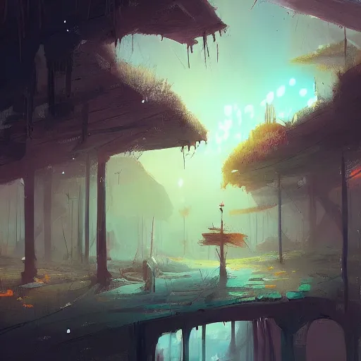 Prompt: point and click adventure game background fantasy digital painting by ismail inceoglu