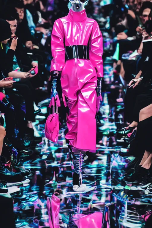 Image similar to an award winning fashion photograph of Balenciaga's fashion week 2049, cyberpunk, futuristic, Bladerunner 2049, dazzle camouflage!!, dayglo pink, dayglo blue, raven black, corporate