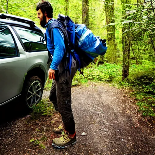 Prompt: hiker unloading the car before camping, style by fernando sawa